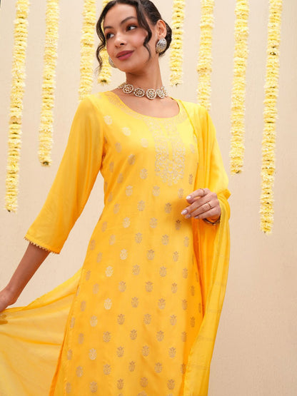 Yellow Ethnic Motifs Printed Straight Kurta with Palazzos & With Dupatta