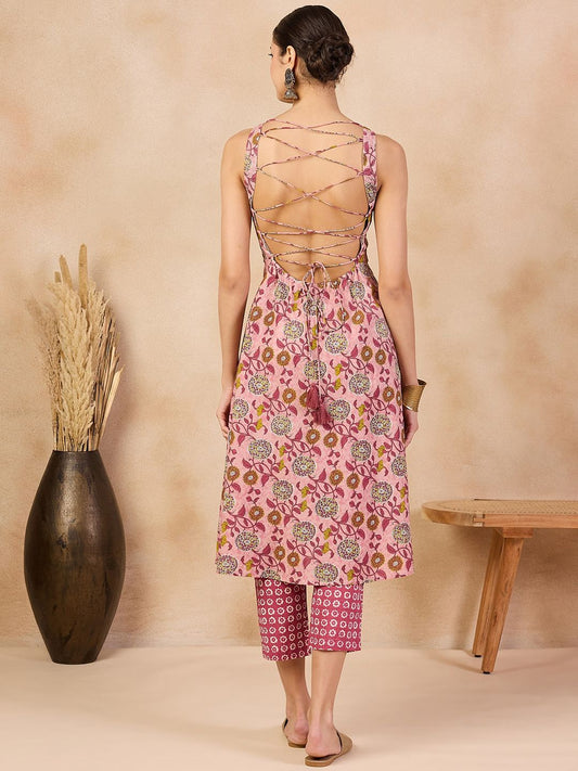 Women Floral Printed V-Neck Regular Pure Cotton A-Line Kurta With Trousers