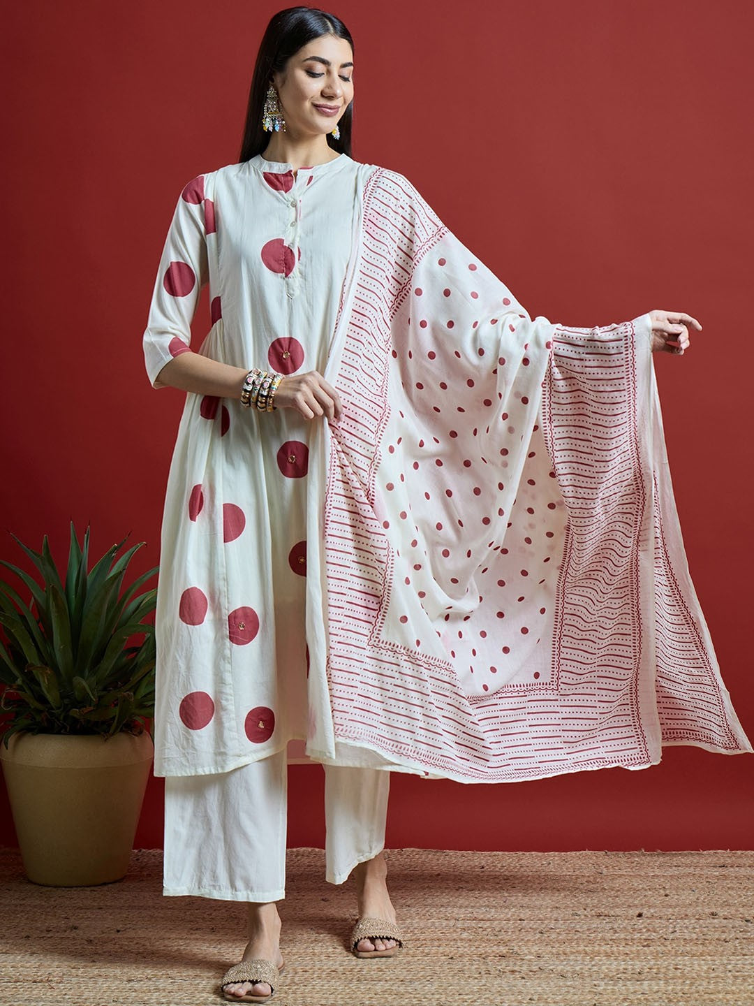 Maroon & Off White Geometric Printed Pure Cotton Kurta with Palazzos & With Dupatta