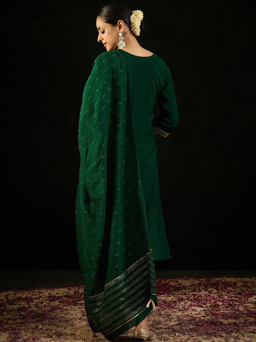 Geometric Embroidered Sequinned Chanderi Silk Straight Kurta & Trousers & Dupatta