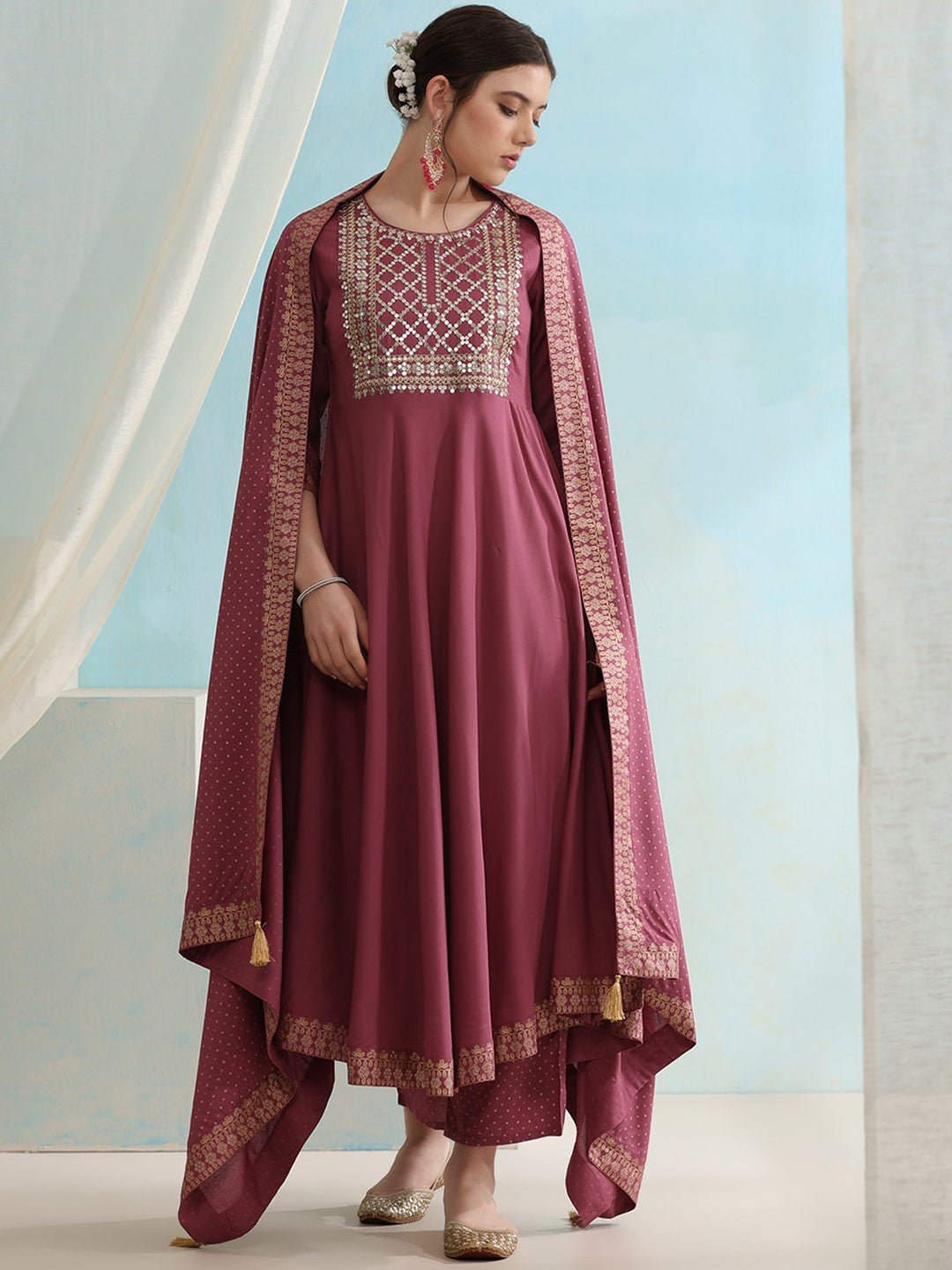 Embroidered Regular Sequinned Kurta with Palazzos & Dupatta