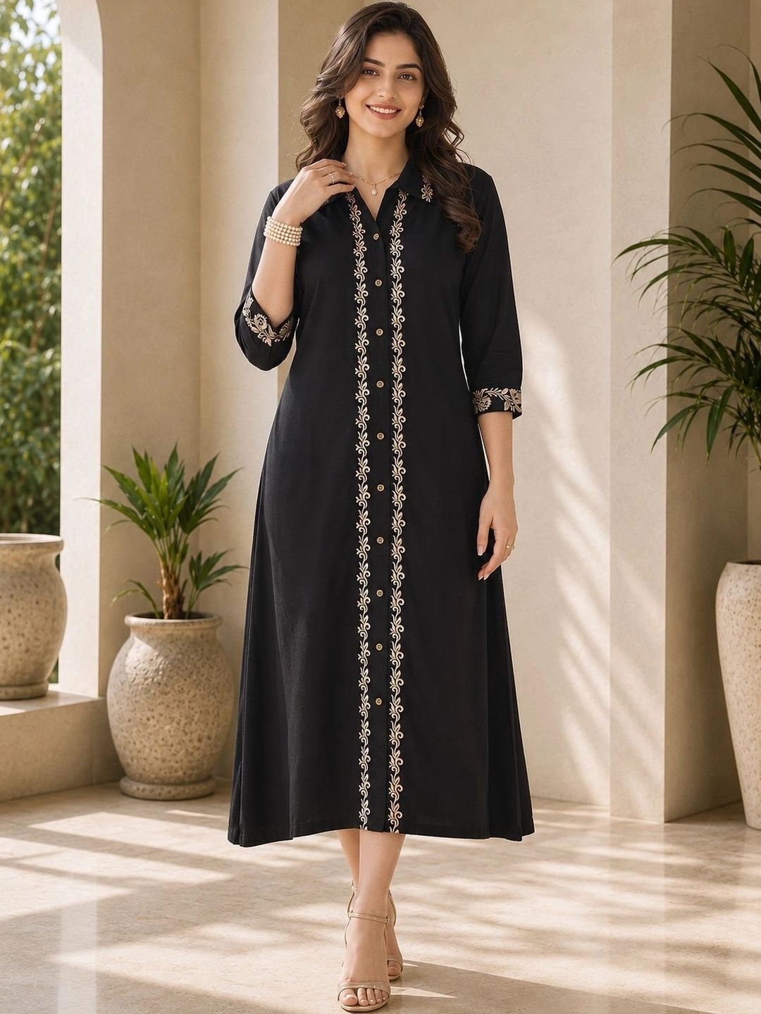 Ethnic Motifs Embroidered A-Line Midi Dress
