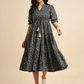 Floral Printed Mandarin Collar Gathered Pure Cotton Fit & Flare Dress