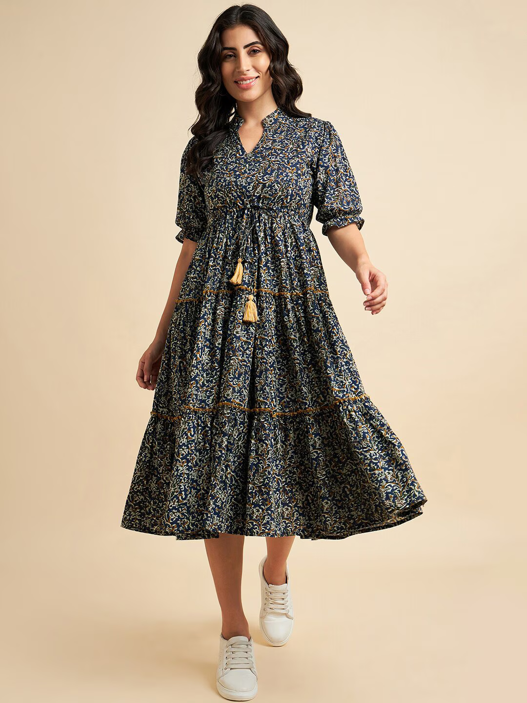 Floral Printed Mandarin Collar Gathered Pure Cotton Fit & Flare Dress