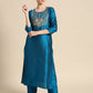 Women Blue & Golden Embroidered Jacquard Kurta with Trousers