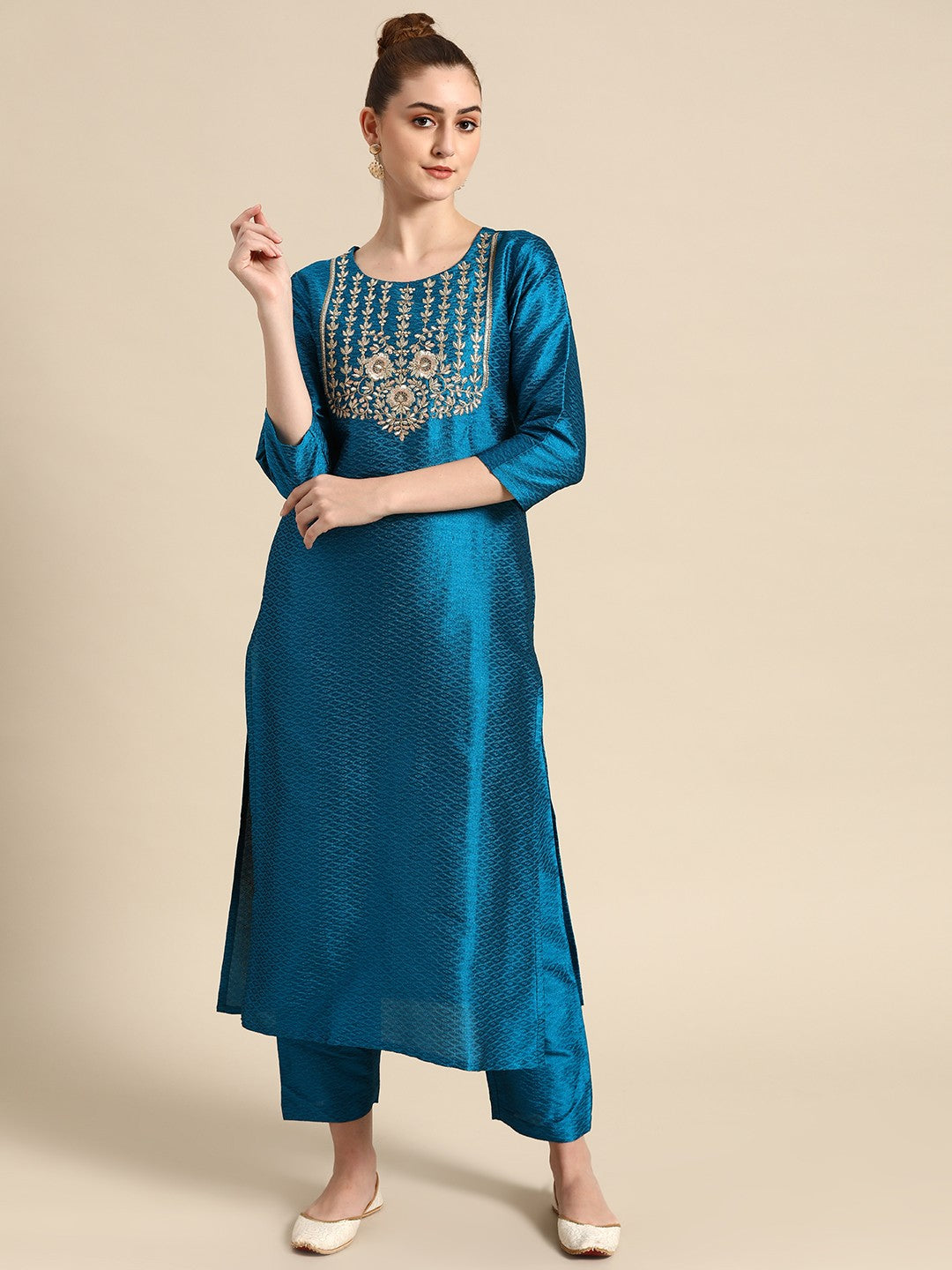 Women Blue & Golden Embroidered Jacquard Kurta with Trousers