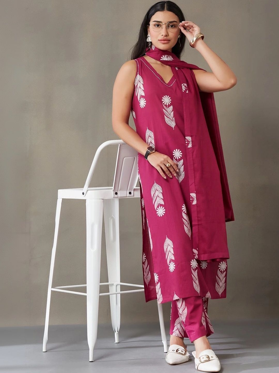 Women Ethnic Motifs Printed Regular Pure Cotton Kurta with Trousers & With Dupatta