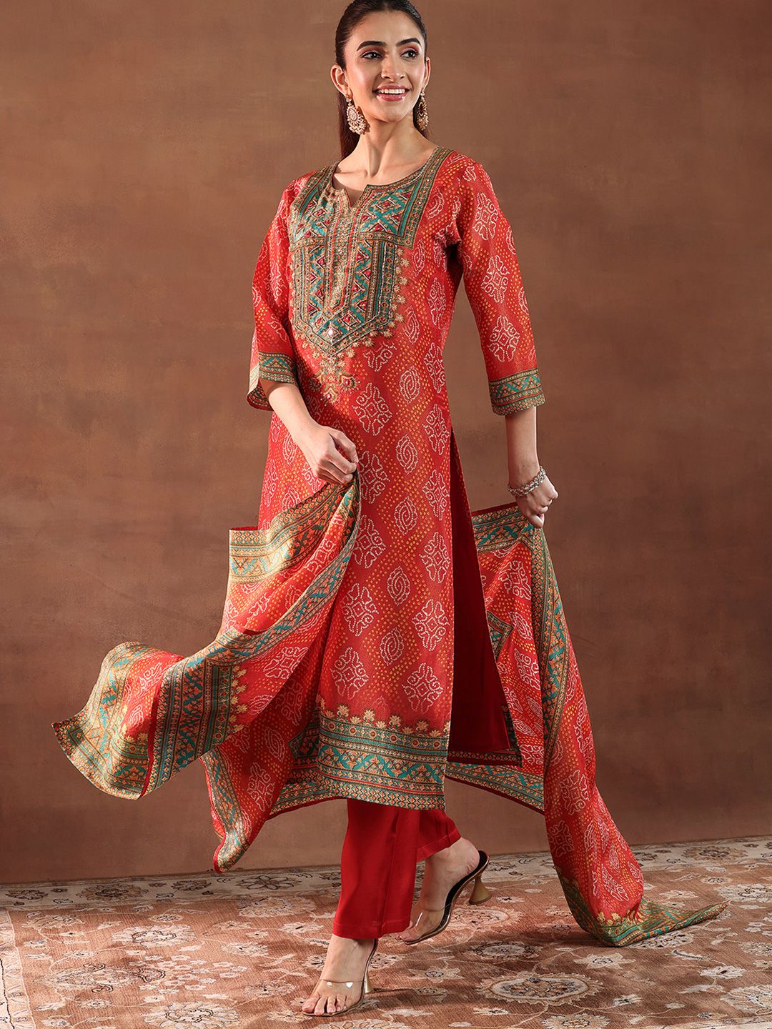 Women Bandhani Printed Kurta with Trousers & Dupatta