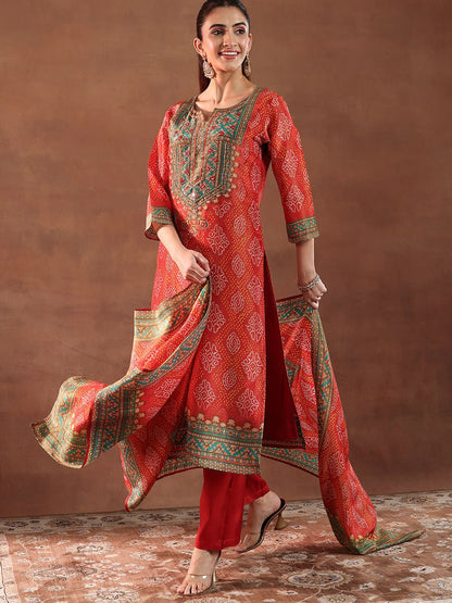 Women Bandhani Printed Kurta with Trousers & Dupatta