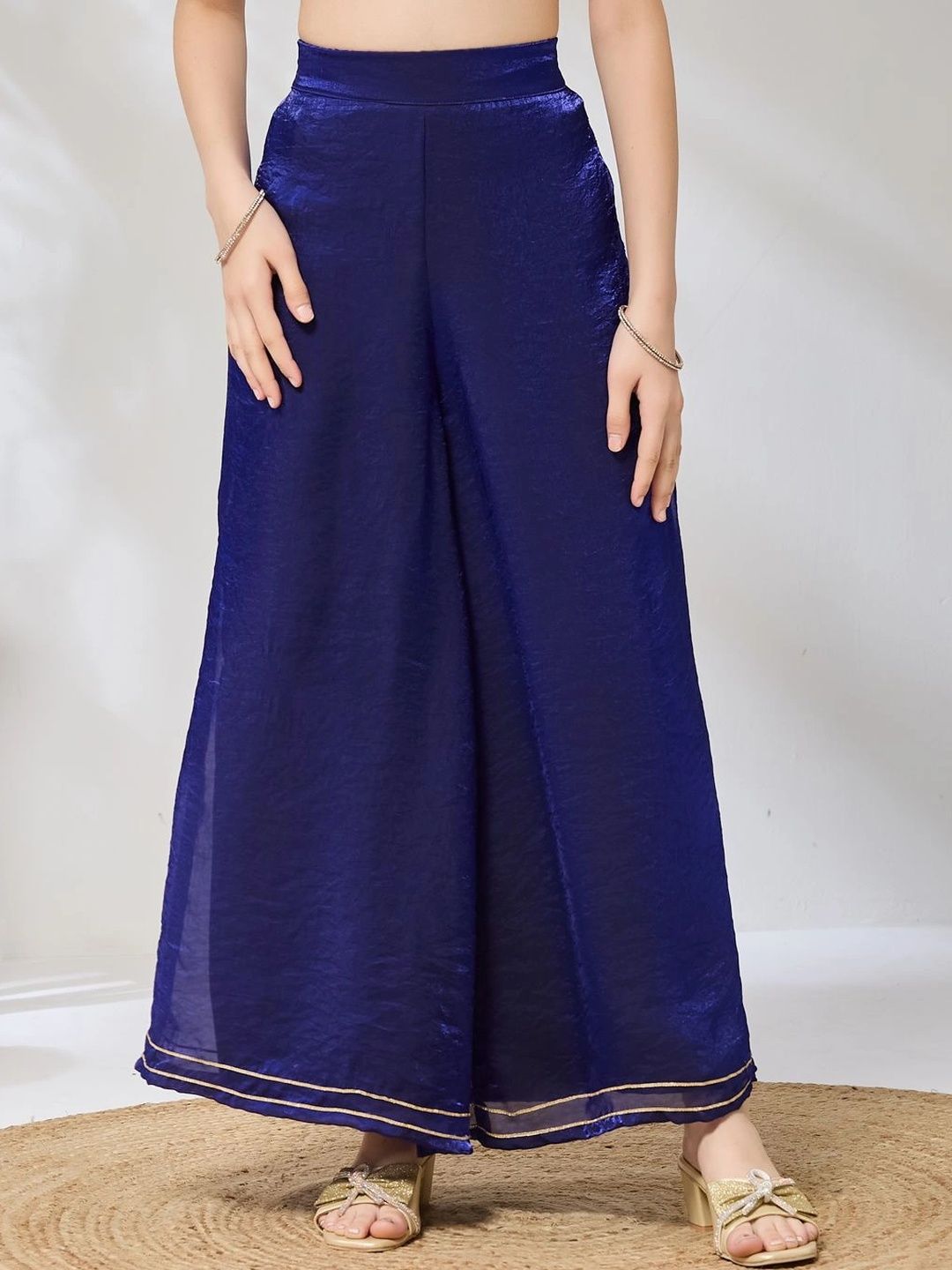 Girls Royal Blue Embroidered Peplum Kurta And Plazzo With Dupatta Set