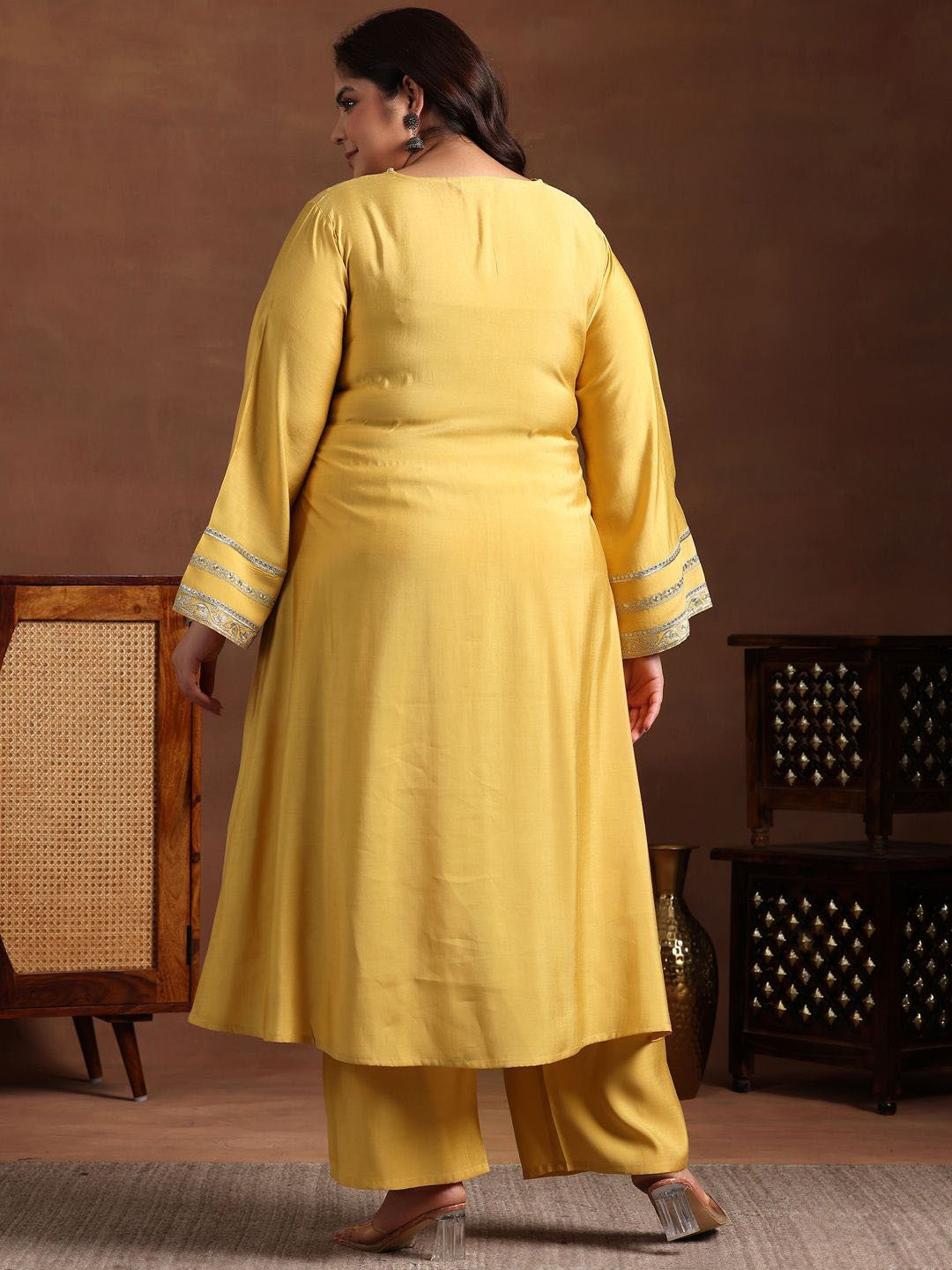 Plus Size Floral Yoke Designed Sequined Kurta with Trousers