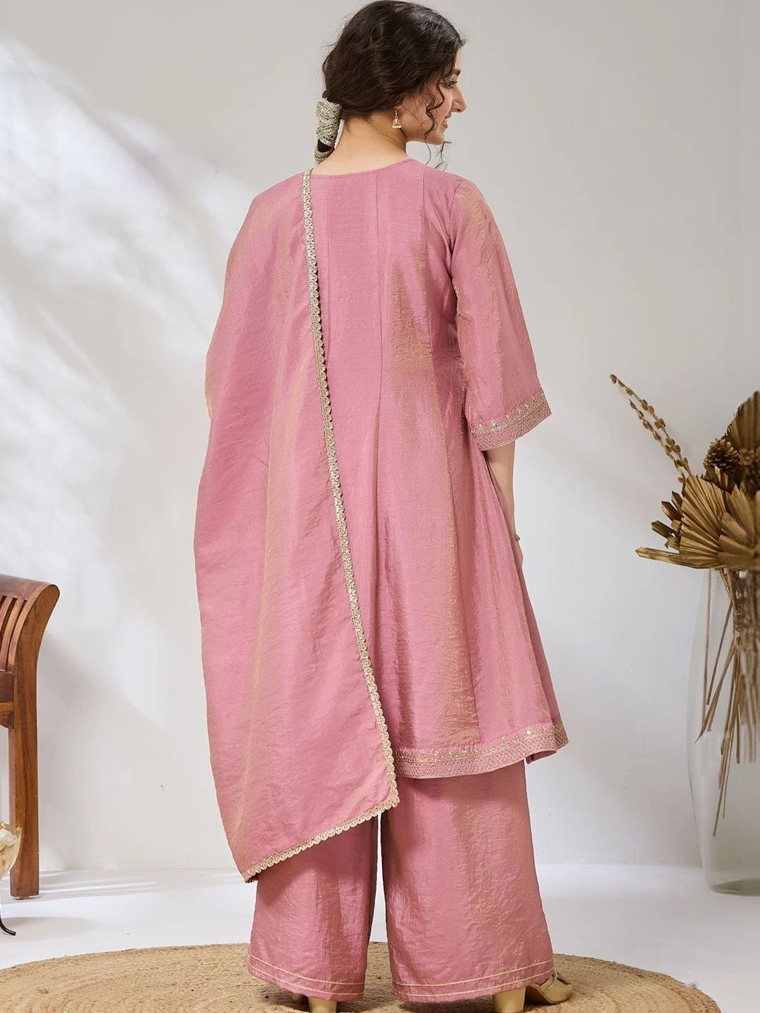 Girls Pink Embroidered Anarkali Kurti And Palazzo With Dupatta Set