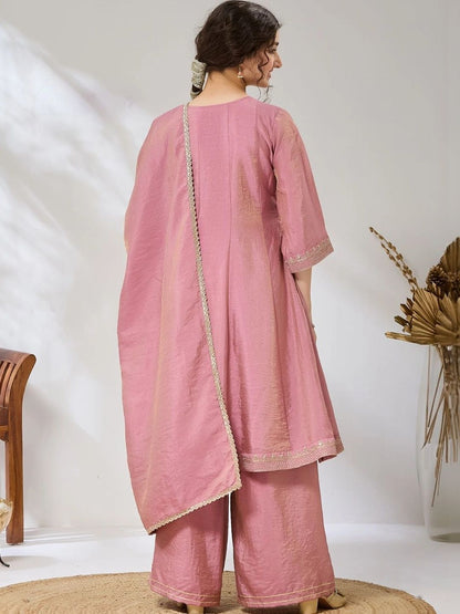 Girls Pink Embroidered Anarkali Kurti And Palazzo With Dupatta Set
