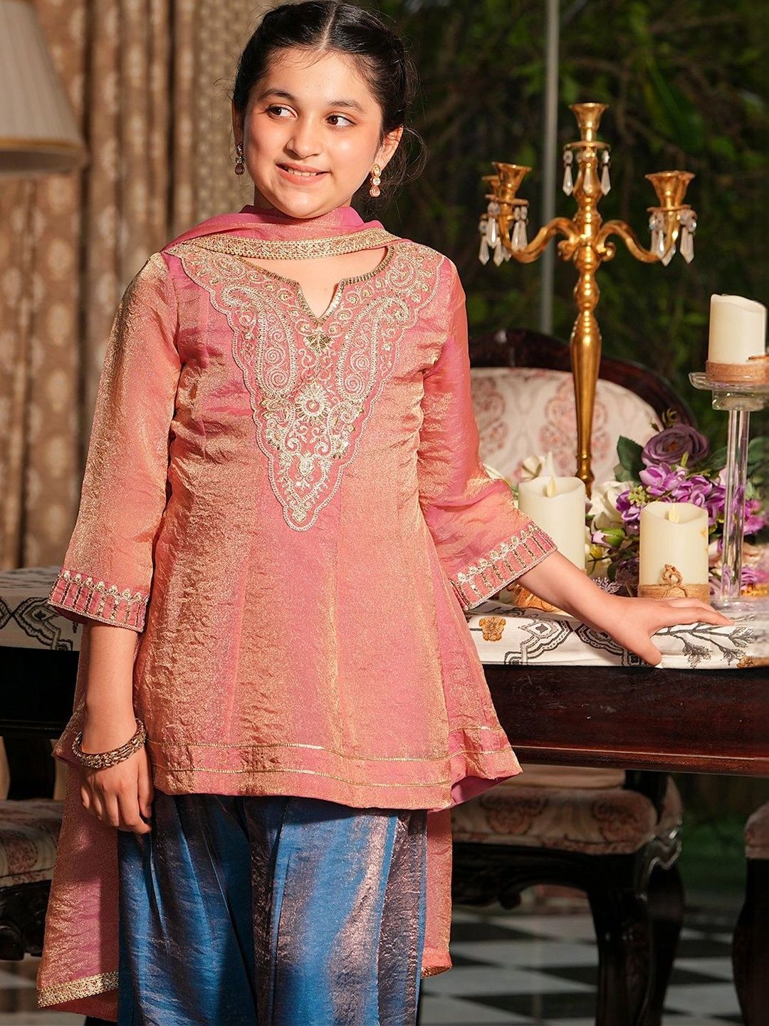 Girls Pink Silk Embroidered Peplum Kurti And Salwar Set With Dupatta
