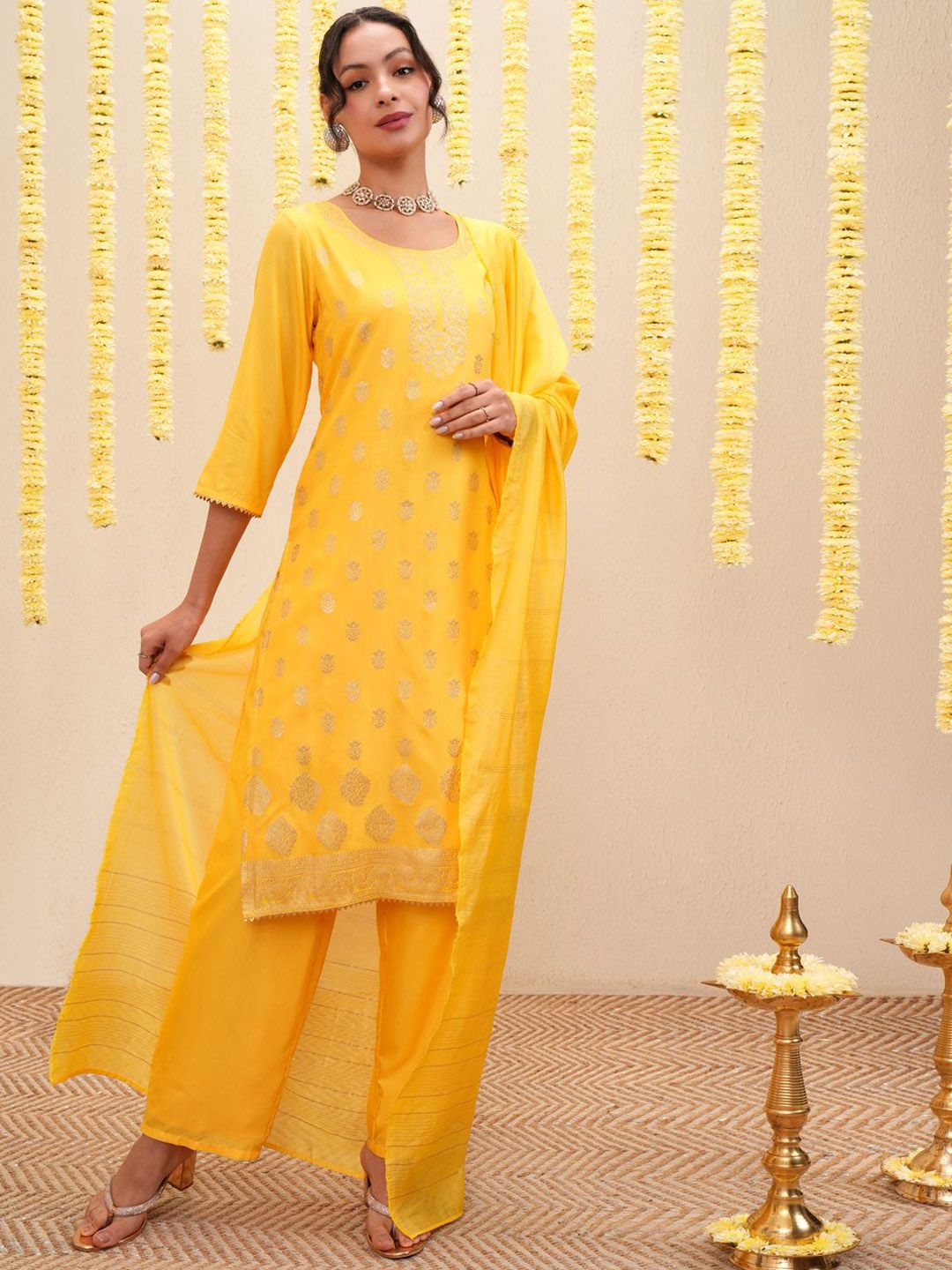 Yellow Ethnic Motifs Printed Straight Kurta with Palazzos & With Dupatta