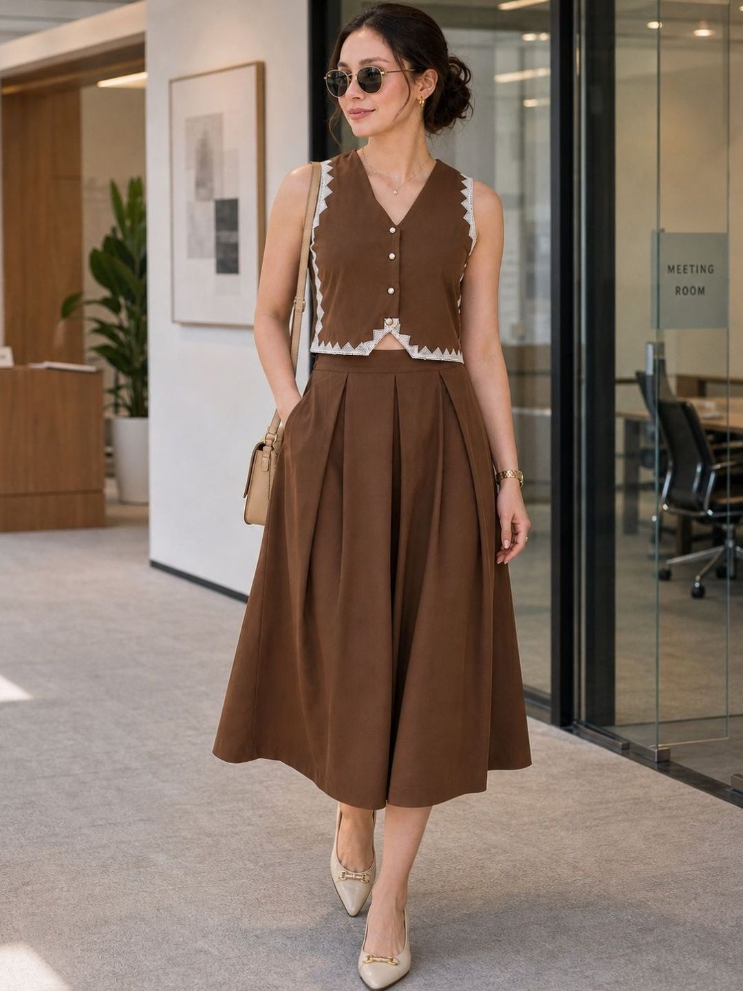Lace Detail Cotton Solid Vest Top with Skirt