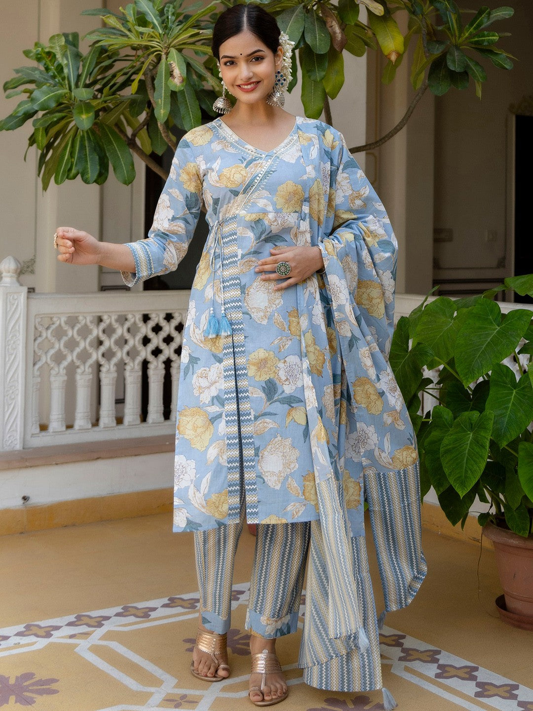 Floral Printed Angrakha Mirror Work Pure Cotton Kurta With Pyjamas & Dupatta