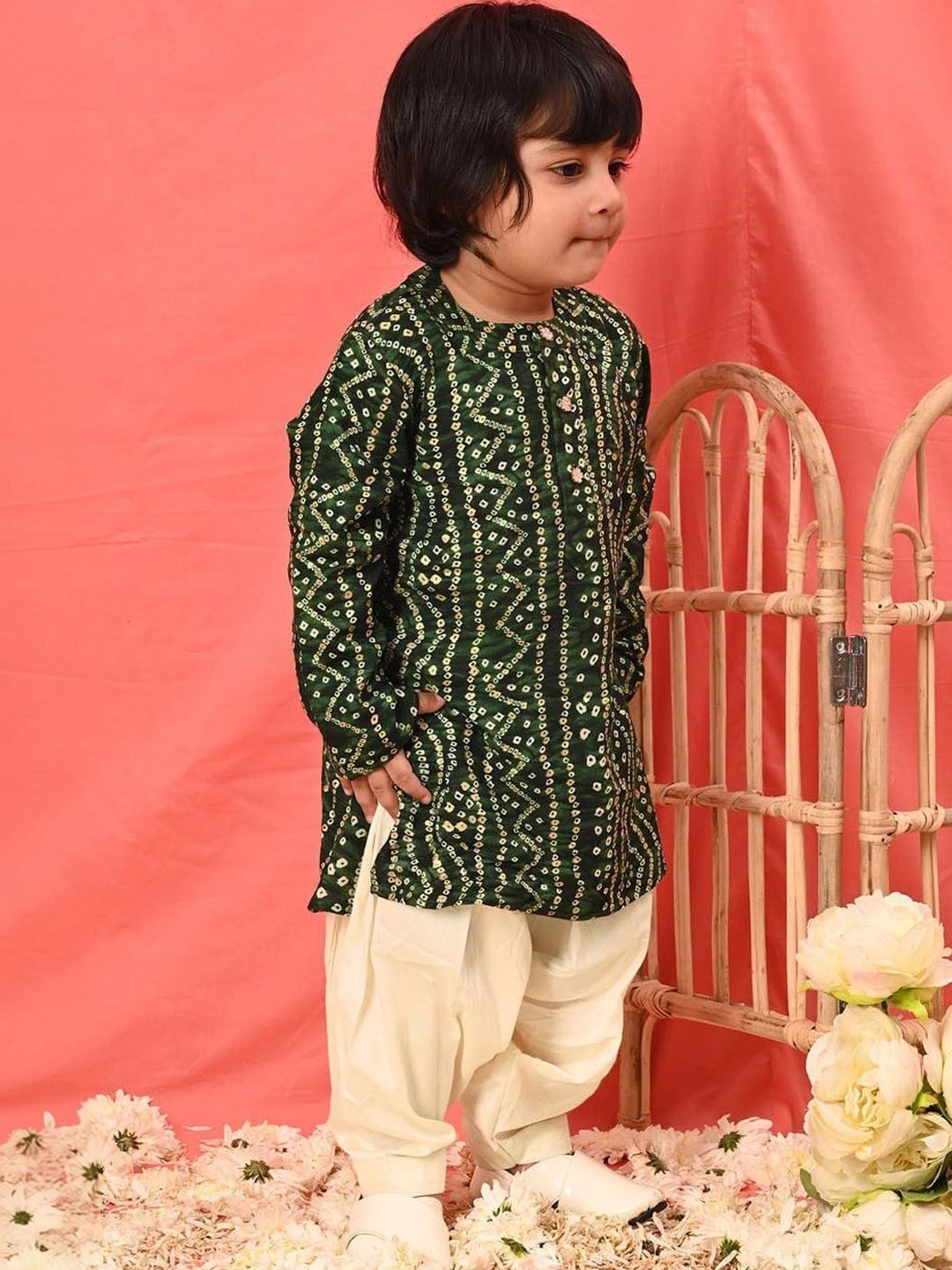 Boys Green Bandhani Kurta & Patiyala Set