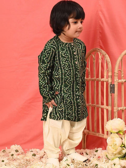 Boys Green Bandhani Kurta & Patiyala Set