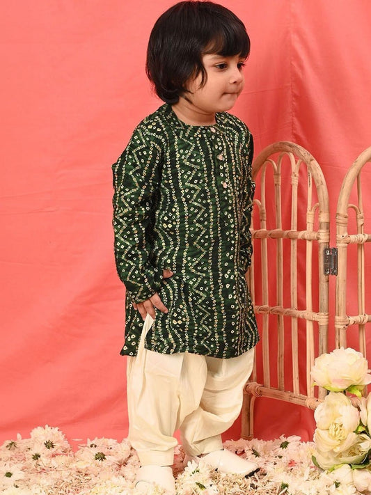 Boys Green Bandhani Kurta & Patiyala Set
