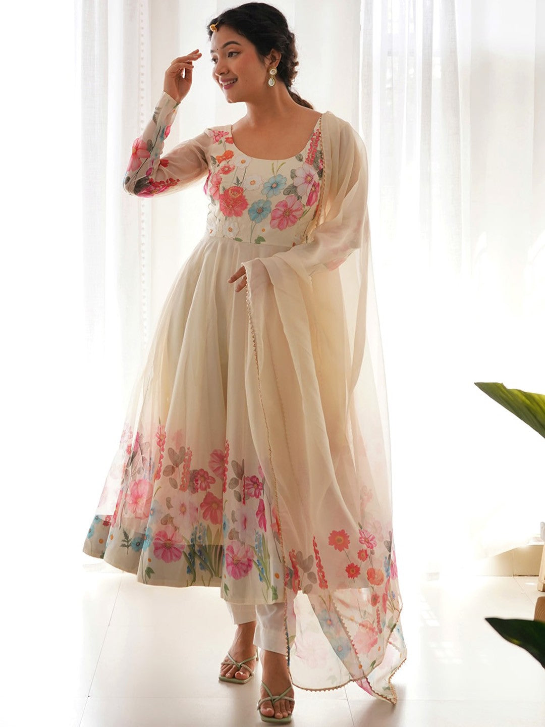 Floral Printed Silk Anarkali Kurta With Trousers & Dupatta