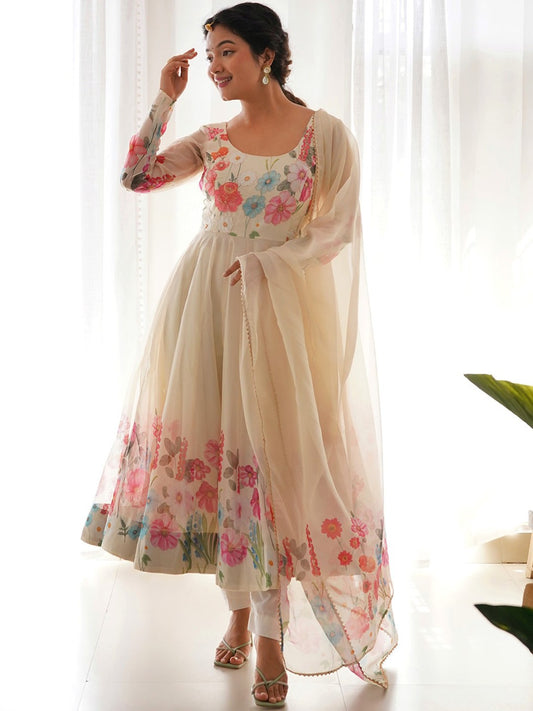 Floral Printed Silk Anarkali Kurta With Trousers & Dupatta