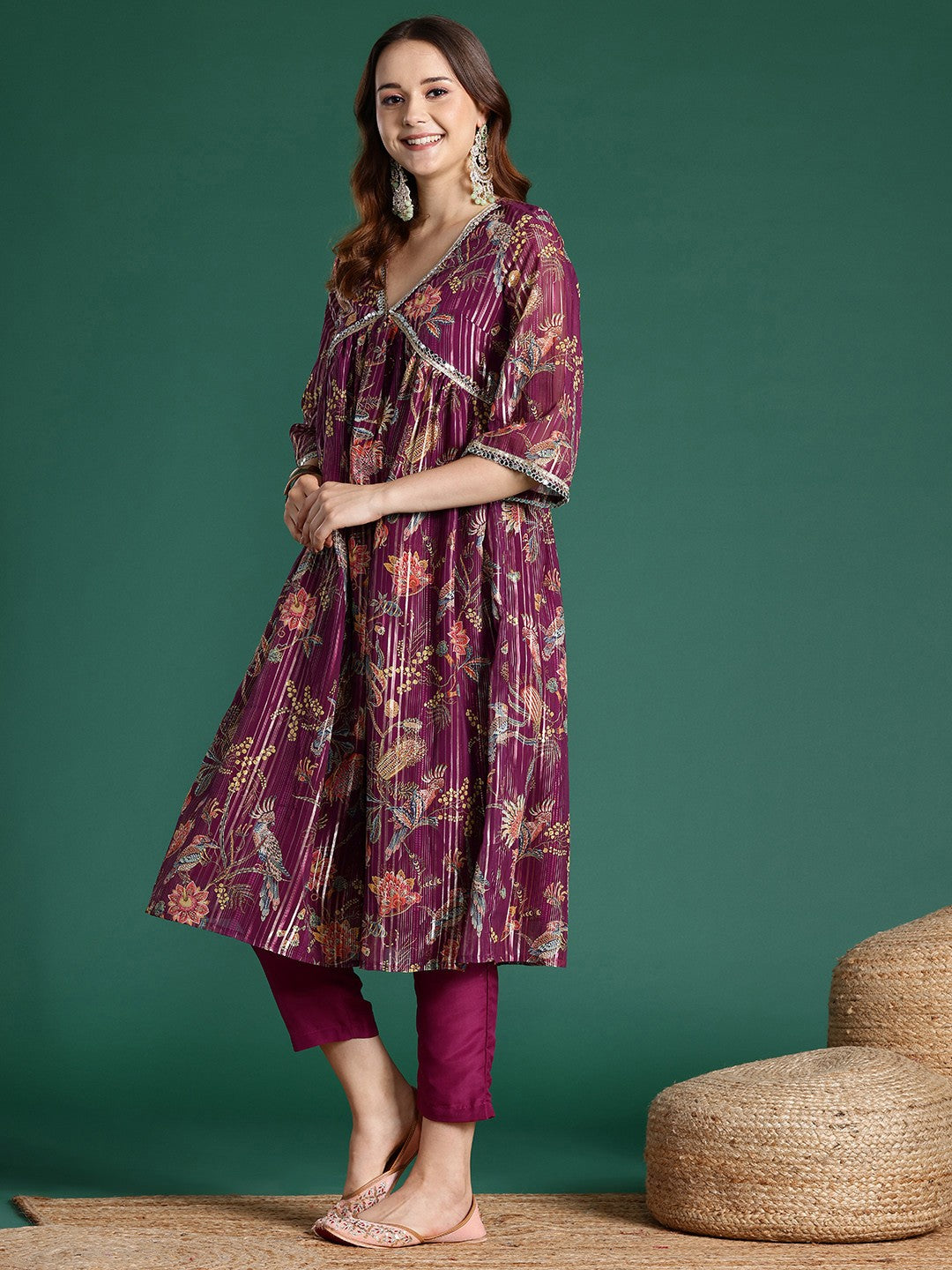 Mirror Work Lurex with Foil Floral Printed Kurta & Trousers