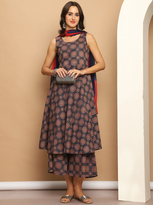 Floral Printed Round Neck Pure Cotton Anarkali Kurta With Palazzos & Dupatta