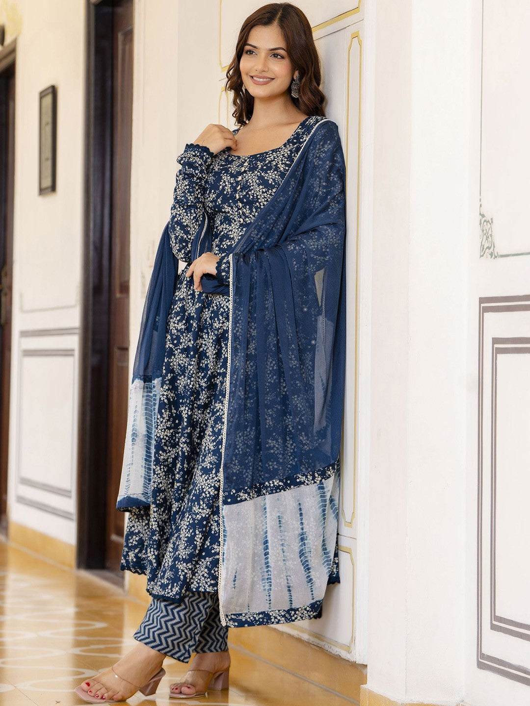 Blue Floral Printed Empire Pure Cotton Anarkali Kurta With Pyjama & Dupatta