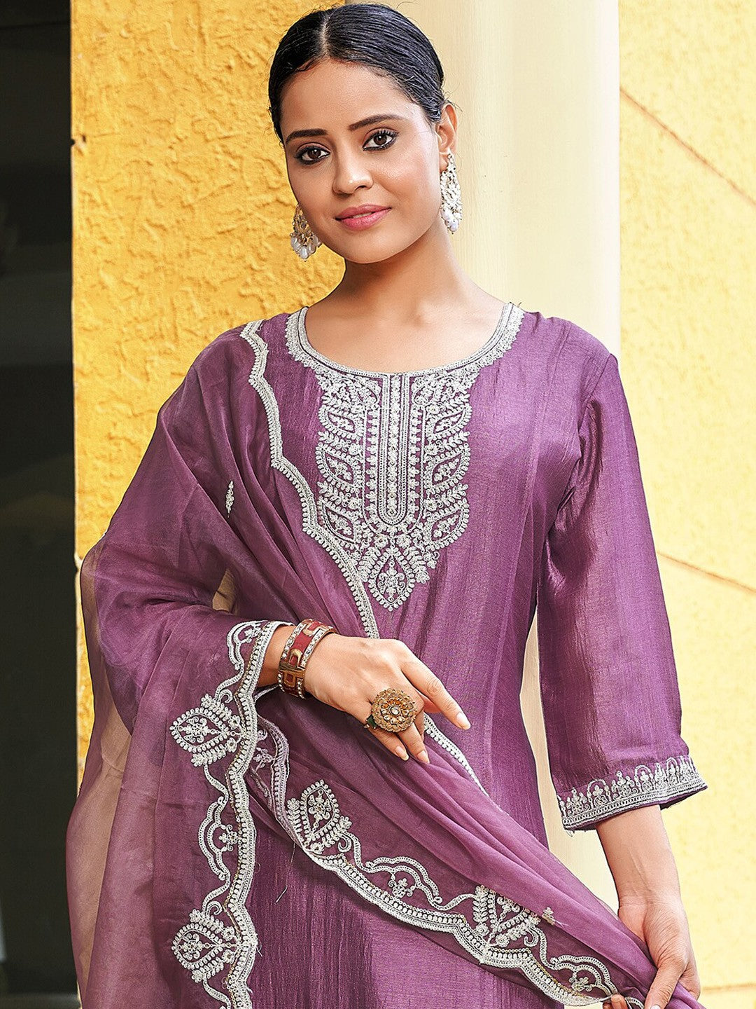 Ethnic Motifs Yoke Design Panelled Sequinned Kurta with Trousers & With Dupatta