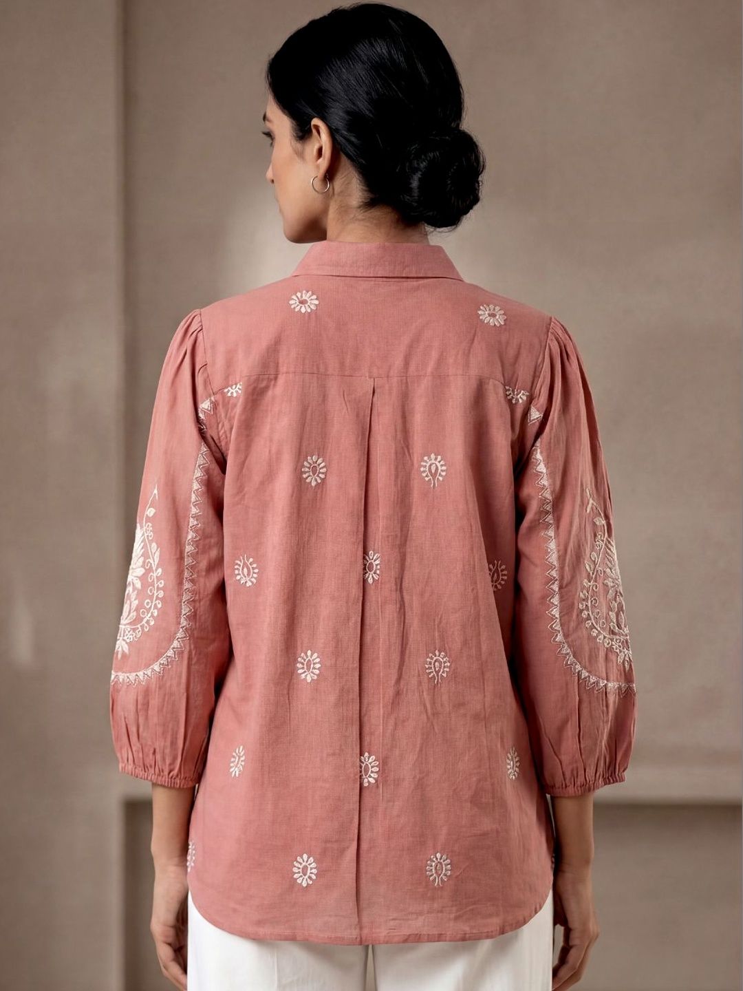 Women Shirt Collar Embroidered Tunic