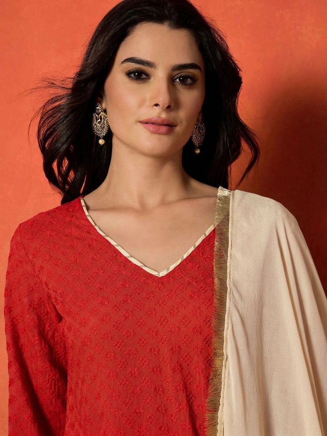 Red Chikankari Rayon A-Line Kurti Farshi Salwar With Dupatta Set