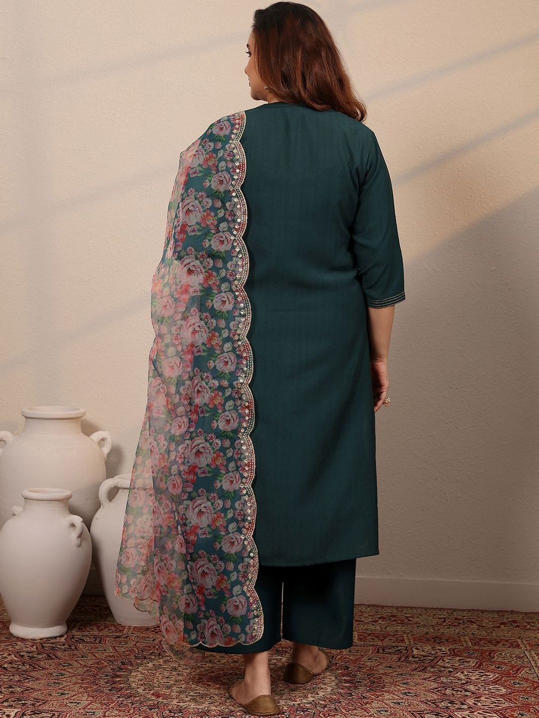 Plus Size Floral Embroidered Kurta with Palazzos & With Dupatta