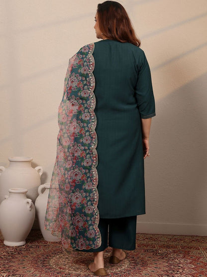 Plus Size Floral Embroidered Kurta with Palazzos & With Dupatta