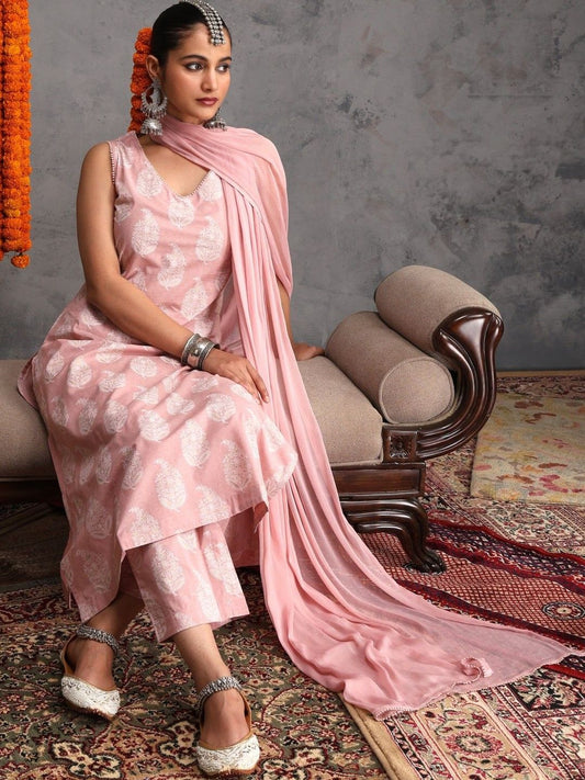 Women Ethnic Motifs Printed Regular Pure Cotton Kurta with Trousers & With Dupatta