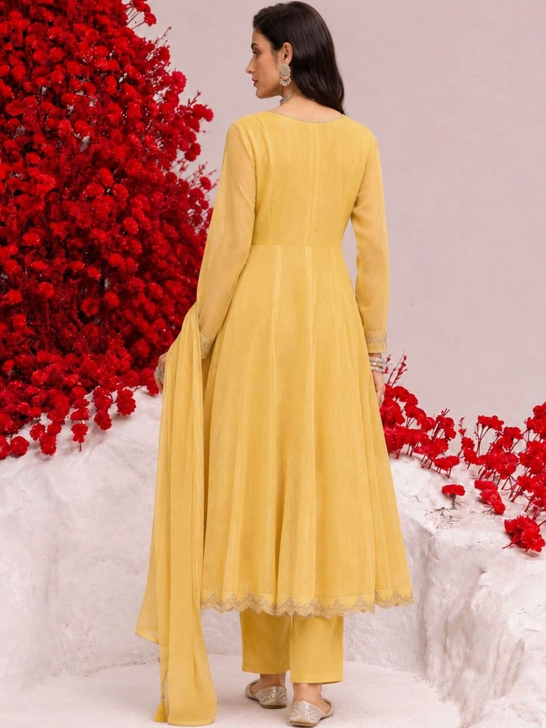 Women Butter Yellow Embroidered Anarkali Kurta And Pant Set With Dupatta