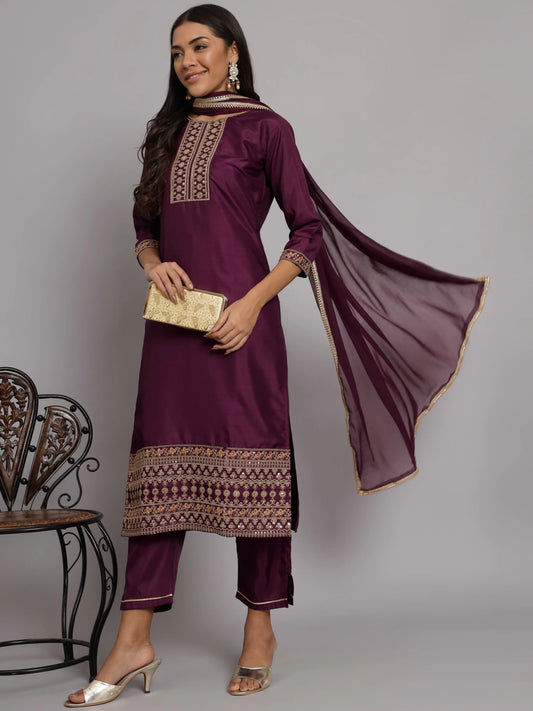 Women Purple Silk Blend Kurta Pant Dupatta Set