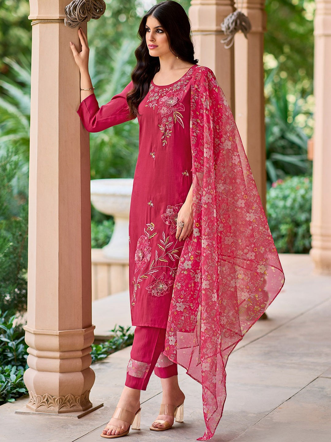 Floral Embroidered Straight Kurta with Trousers & Dupatta