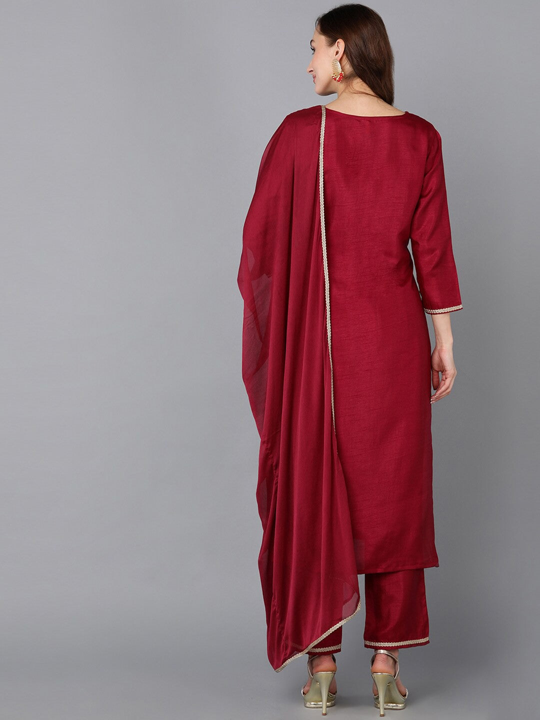 Maroon Ethnic Motifs Yoke Design Zari Sequinned Kurta with Trousers & Dupatta