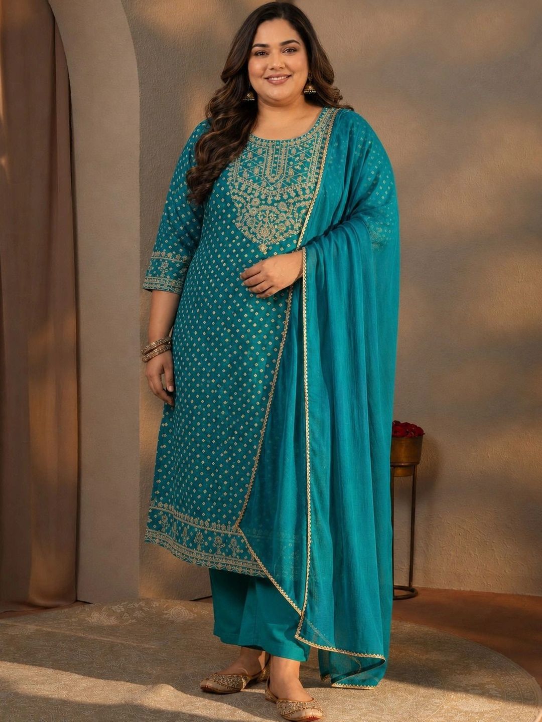 Plus Size Blue Bandhani Printed Silk Blend Straight Suit Set With Dupatta