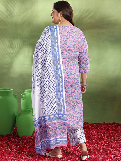 Plus Size Purple Printed Cotton Straight Suit With Dupatta