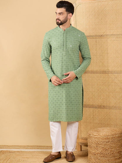 Geometric Embroidered Mandarin Collar Straight Kurta & Trousers