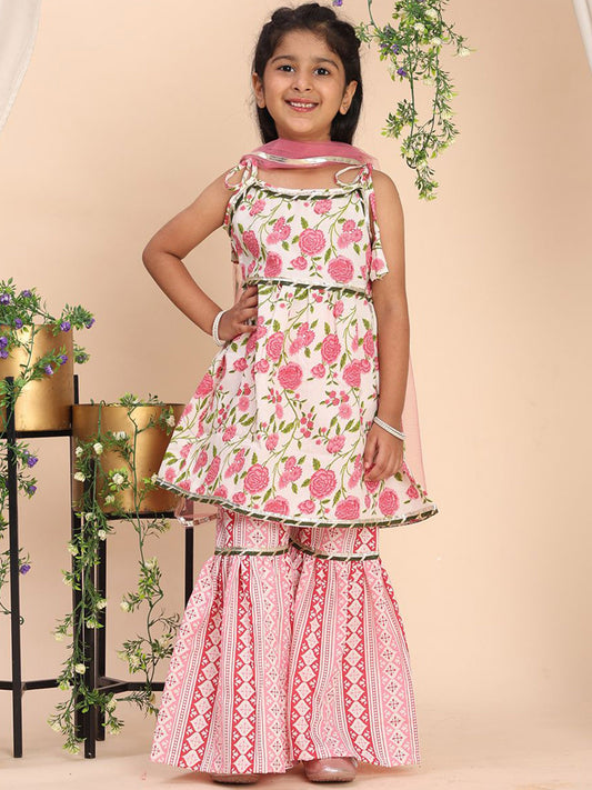 Girls Floral Printed Empire Gotta Patti Kurta with Sharara & Dupatta
