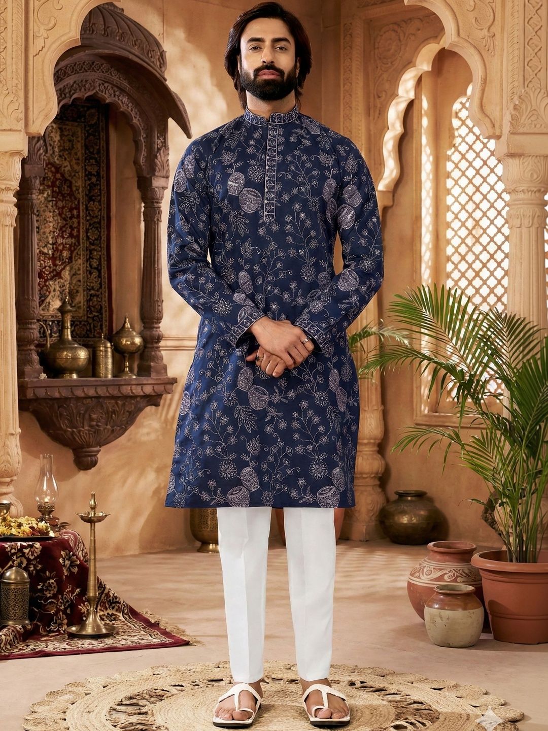 Men Ethnic Motifs Embroidered Regular Thread Work Kurta with Trousers
