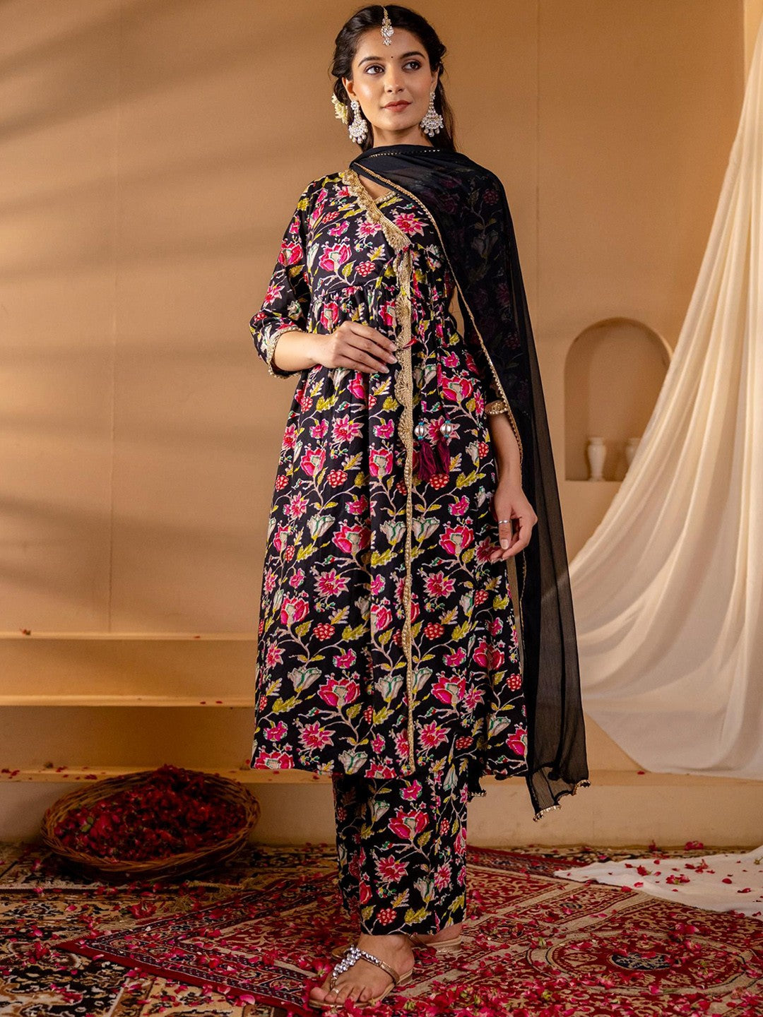 Floral Printed Angrakha Gotta Patti Pure Cotton Kurta with Palazzos & Dupatta