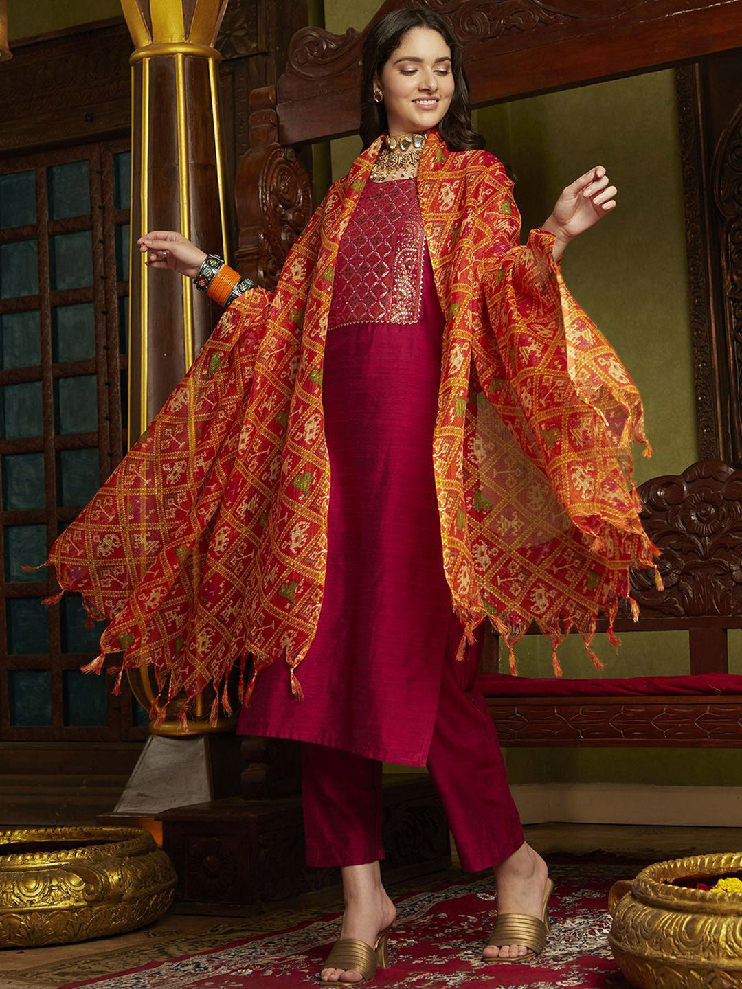 Embroidered Round-Neck Kurta With Trouser & Dupatta