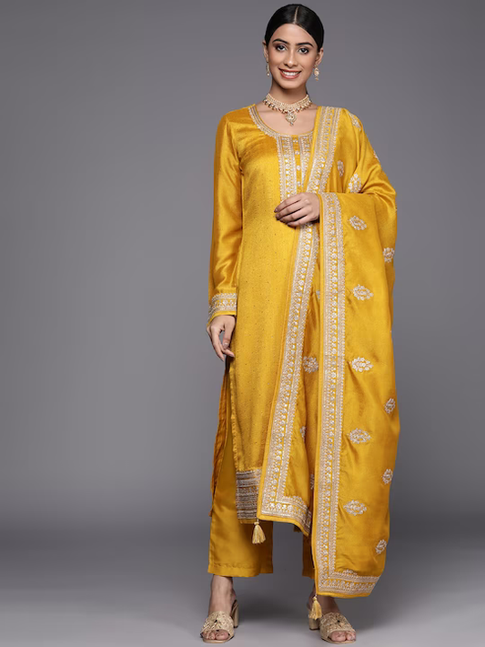 Women Mustard Yellow Floral Motifs Sequinned Kurta with Trousers & With Dupatta