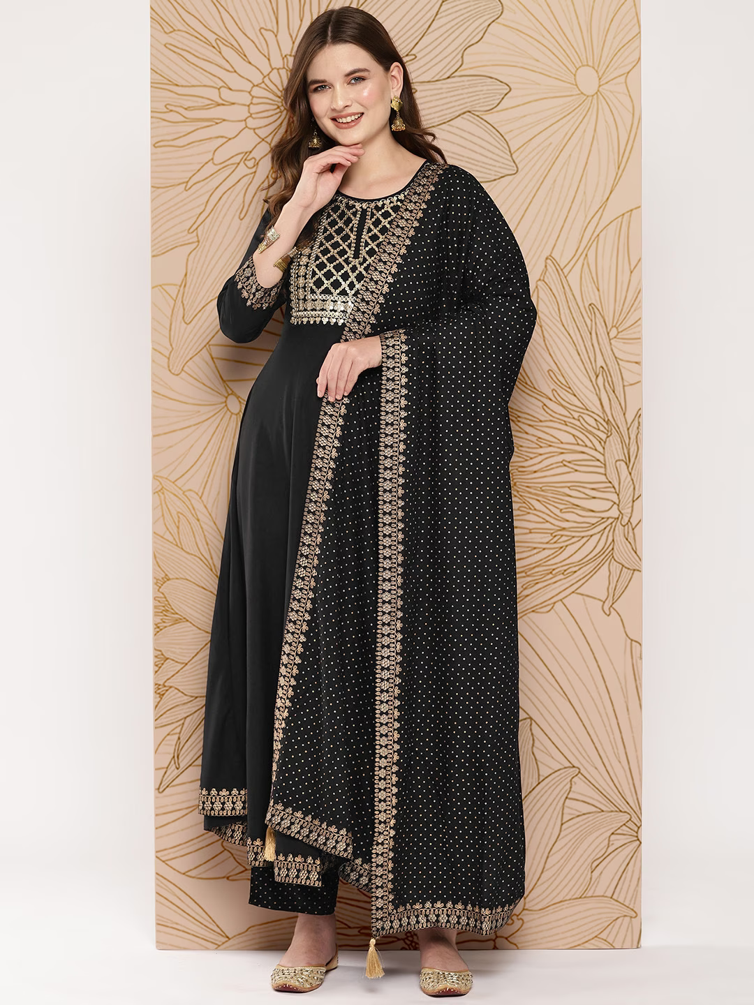 Women Floral Embroidered Empire Sequinned Kurta with Palazzos & With Dupatta