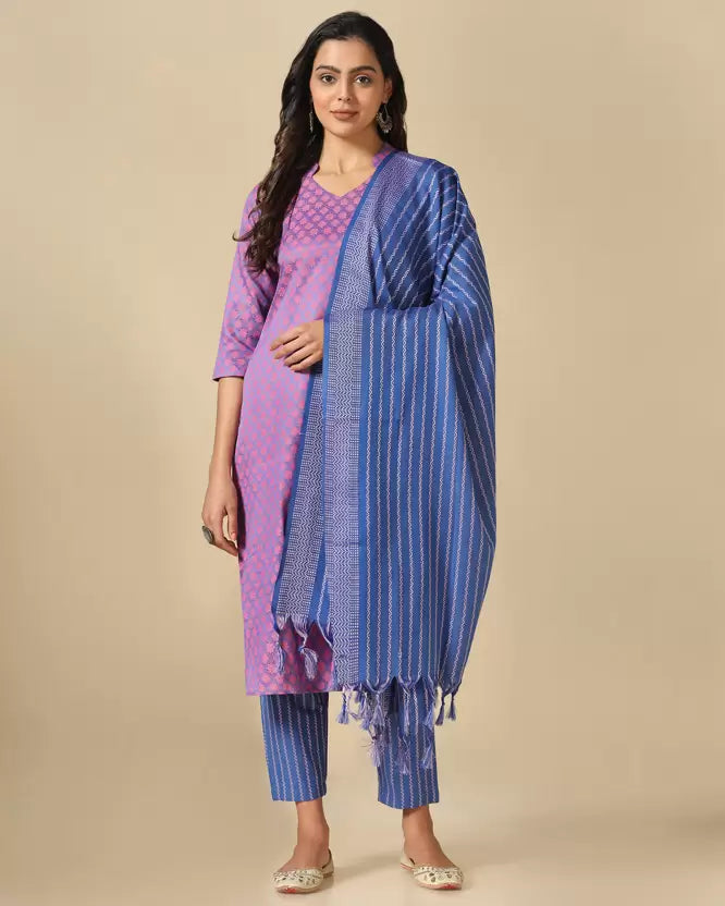 Women Pure Cotton Elegant Kurta, Pant And Dupatta Set