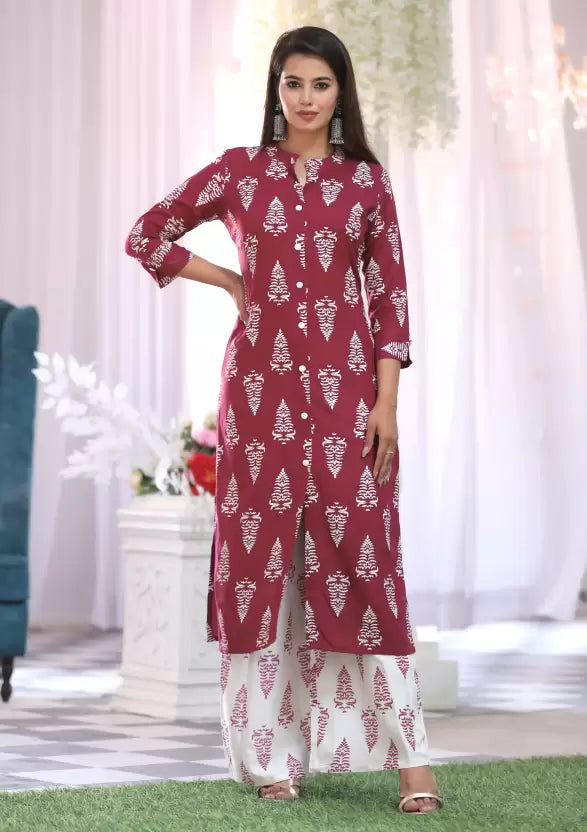 Women Mandarin Collar Viscose Rayon Kurta and Palazzo Set